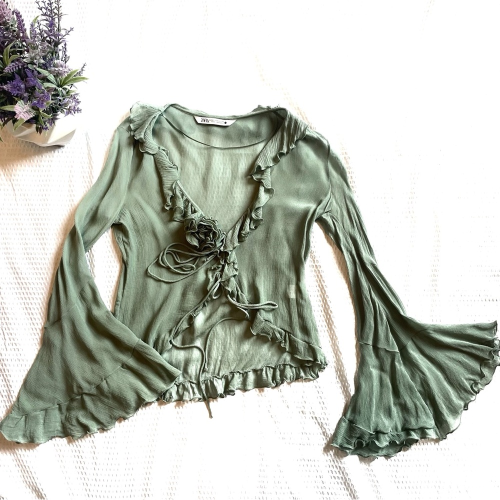 Zara Sage Green Tie Front Rosette Ruffle Top